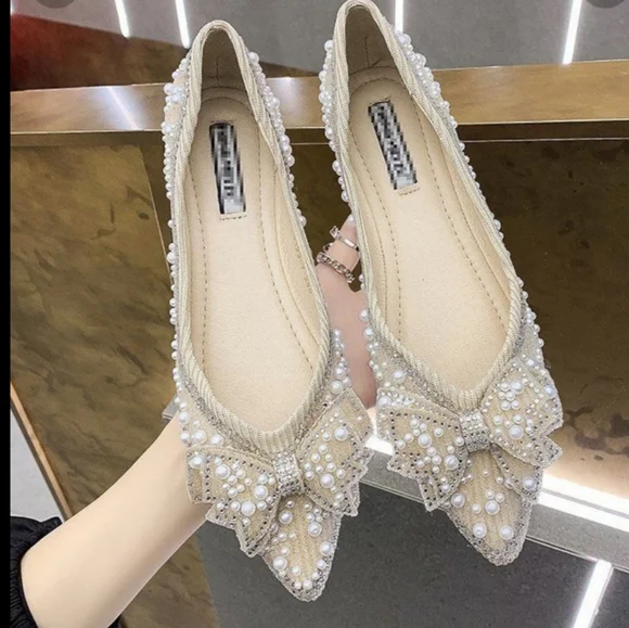 Pearl shoes bridal ballet flats wedding mule pumps pointed embellished bling S 7 - Picture 2 of 10